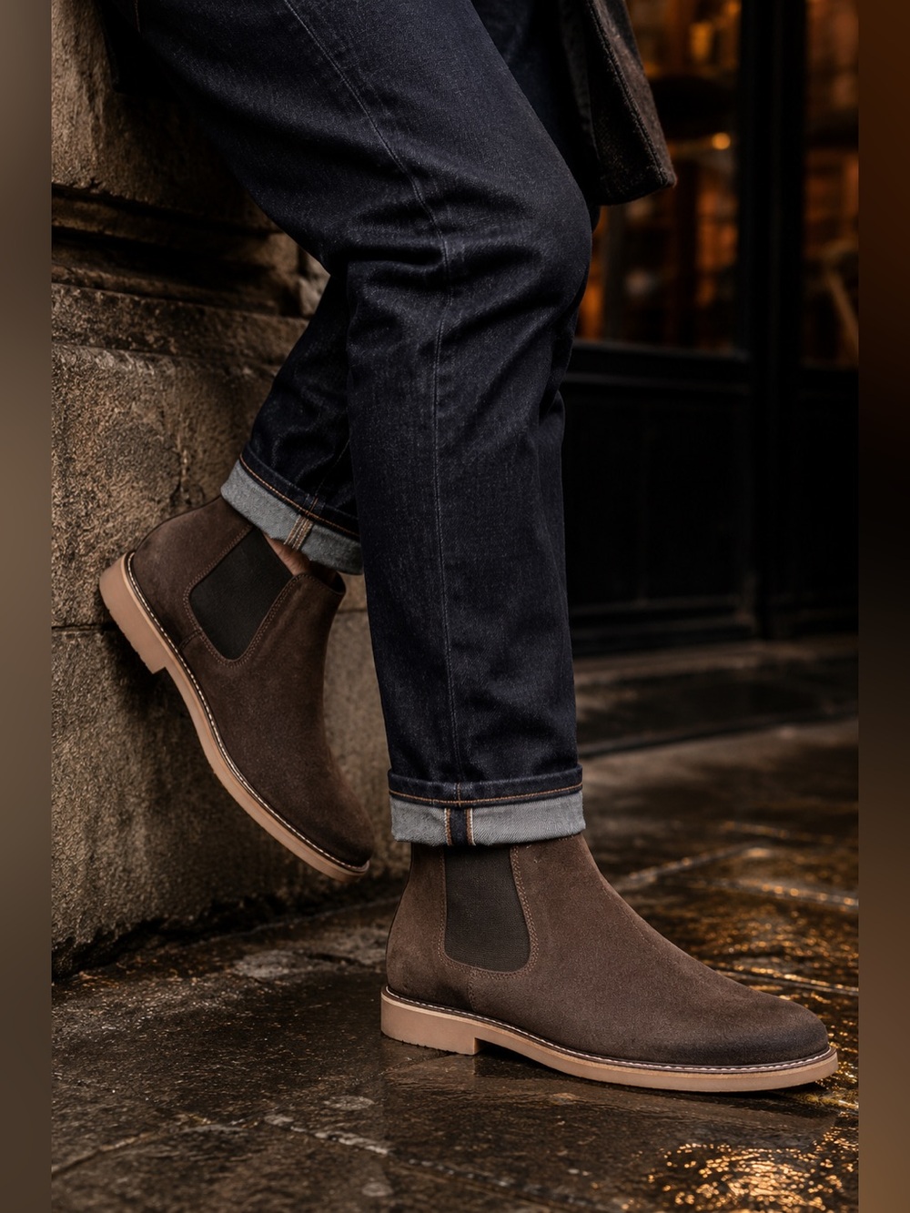 JACK & JONES Brown Soft Suede Ankle Chelsea Boots Round Toe Rugged Dark Academia